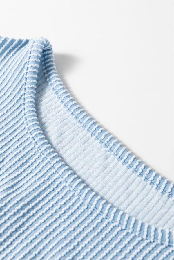 Mist Blue Corded Frilly Puff Sleeve Round Neck Blouse