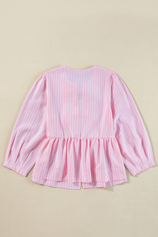 Pink Stripe Bowknot Front Crew Neck Puff Sleeve Blouse