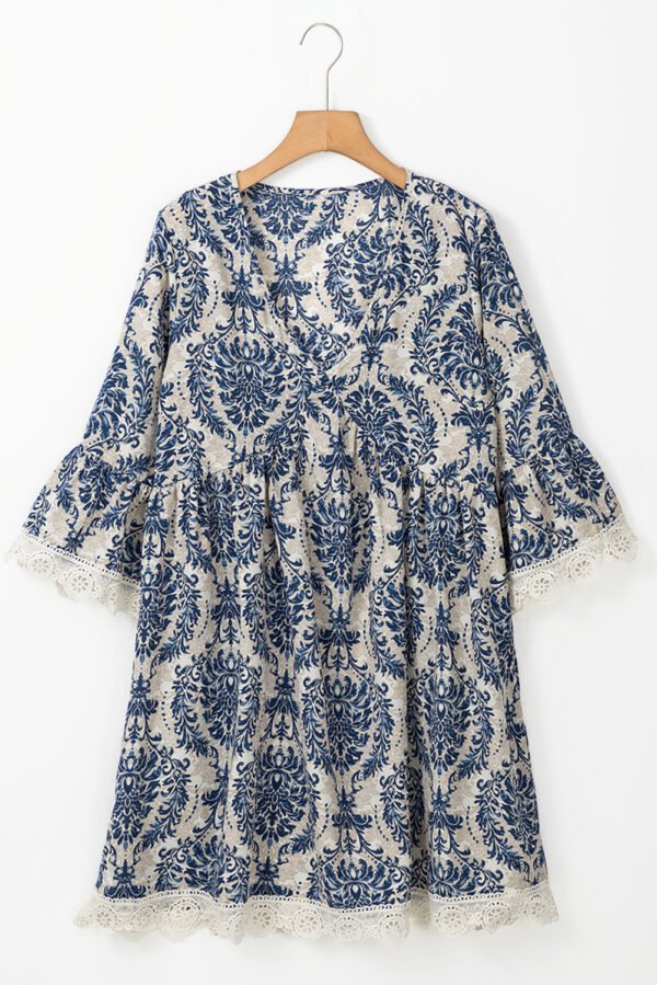 Sky Blue Vintage Printed Lace Trim V Neck 3/4 Sleeve Loose Dress