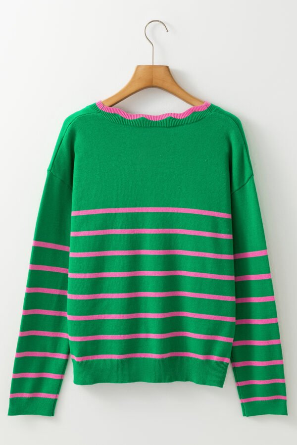 Green Stripe Ribbon Cute Bow Detail Sweater Knit Cardigan