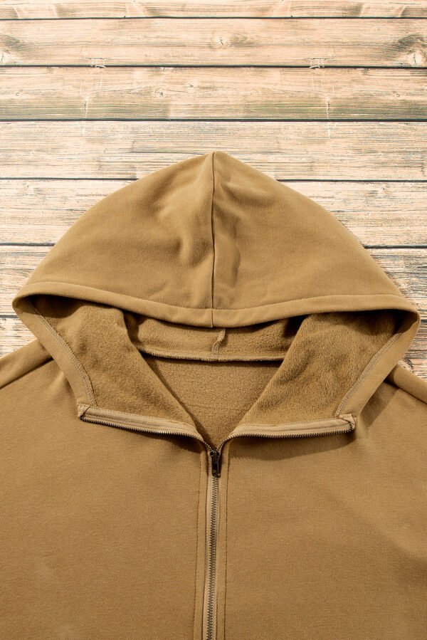 Brown Fleece Lined Half Zipper Kangaroo Pockets Loose Hoodie