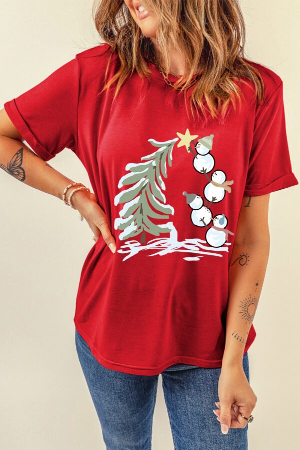 Red Christmas Tree Snowman Printed Crewneck T Shirt