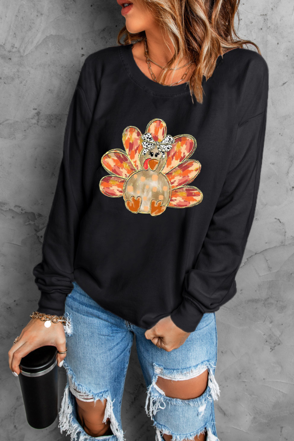 Black Thanksgiving Turkey Graphic Drop Shoulder Sweatshirt