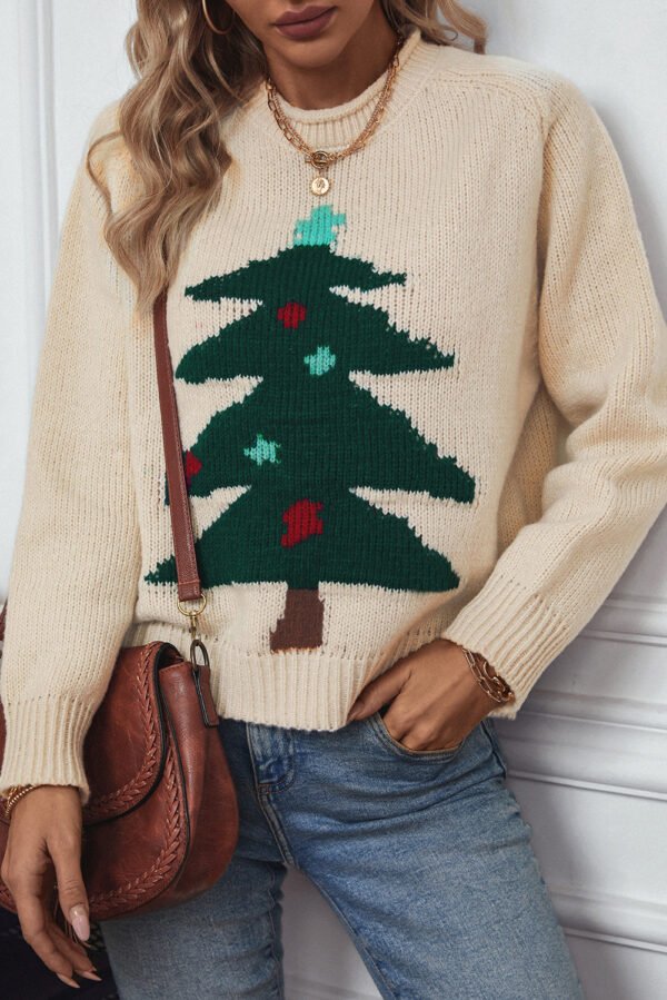 Beige Christmas Tree Pullover Graphic Sweater