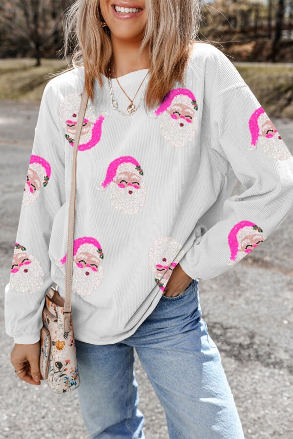 White Sequin Father Christmas Ribbed Oversized Graphic Sweatshirt