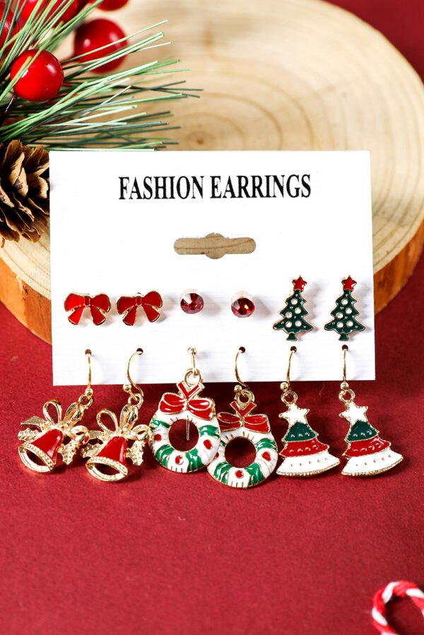 Racing Red 6 Pairs/Set Christmas Tree Wreath Bell Bow Knot Earring Set