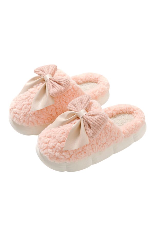 Pink Contrast Bowknot Applique Plush Winter Slippers