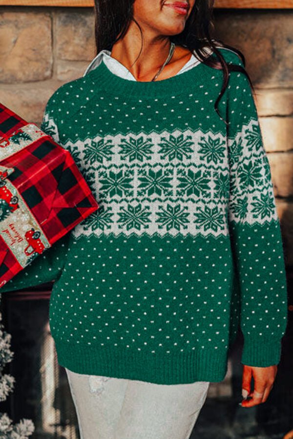 Green Christmas Snowflake Dotted Print Round Neck Sweater