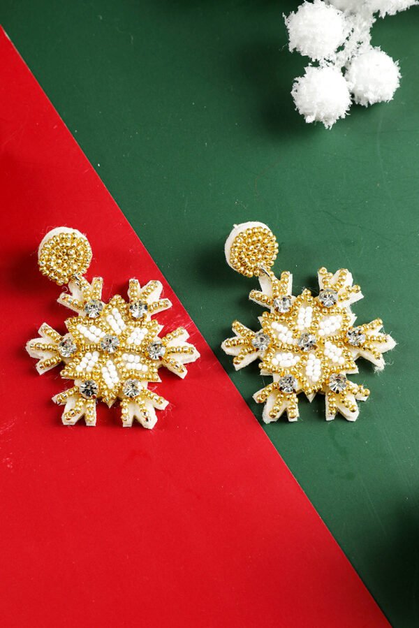 Gold Christmas Snowflake Rhinestone Rice Beaded Drop Earrings