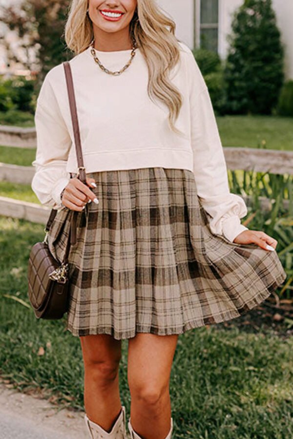 Beige Plaid Patchwork High Waist Sweatshirt Mini Dress