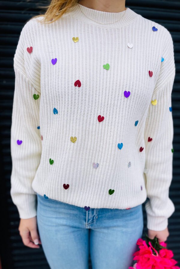 Beige Sequin Heart Shape Waffle Knit Round Neck Sweater