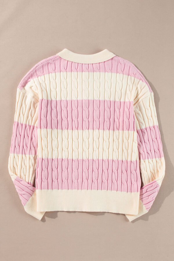 Pink Stripe Cable Knit Collared Henley Sweater