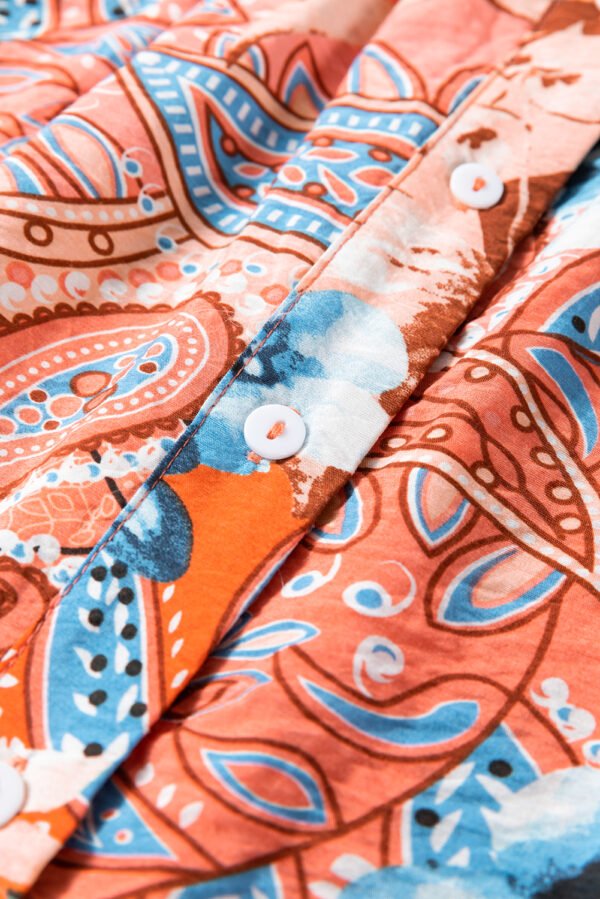 Orange Floral Print Shirred Cuff Buttoned Loose Shirt