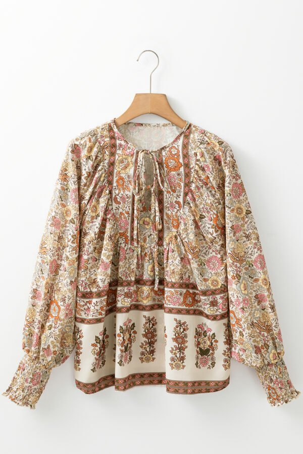 Yellow Floral Print Tie Neck Lantern Sleeve Blouse