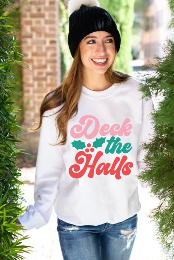 Beige Deek the Halls Graphic Round Neck Sweatshirt