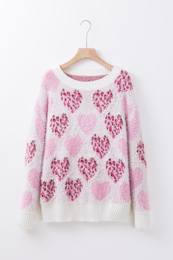 Pink Heart Leopard Print Pearled Ribbed Trim Fuzzy Sweater