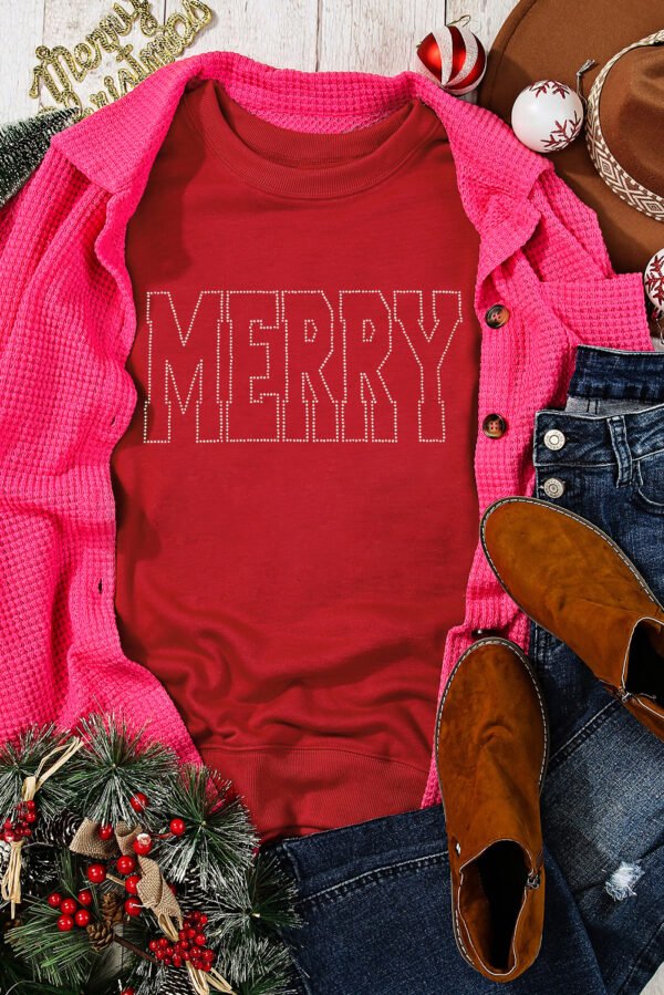 Red Rhinestone MERRY Letter Graphic Christmas Fashion Sweatshirt