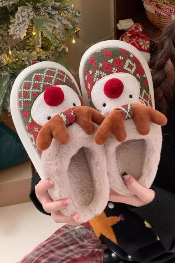 Dark Green Christmas Cartoon Reindeer Plush Home Slippers