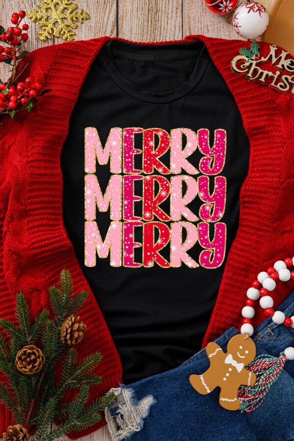 Black Heat Transfer Printing MERRY Letter Christmas Graphic Tee