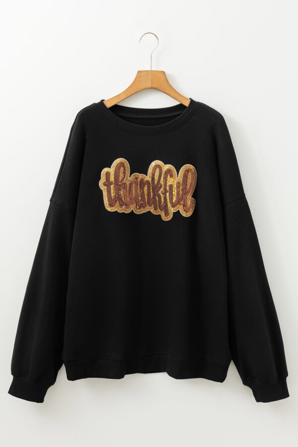 Black Sequin thankful graphic Plus Size Drop Shoulder Sweatshirt