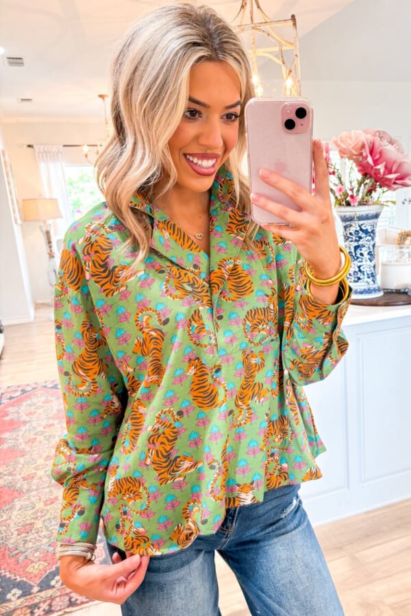 Green Tiger Floral Printed Collared V Neck Casual Shirt