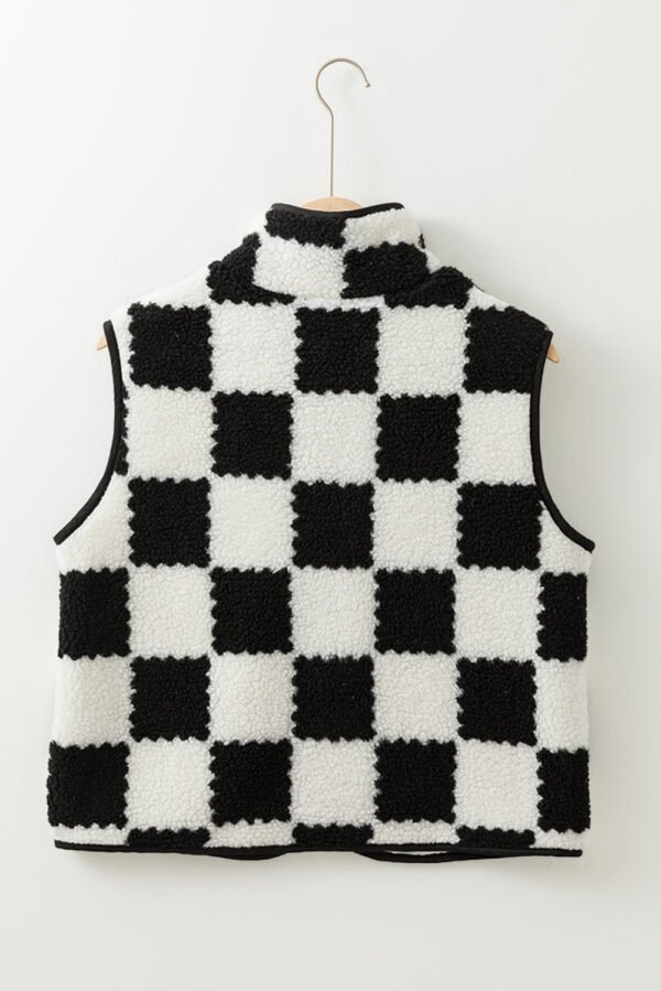 Black Checkered Sherpa Collared Jacket Vest