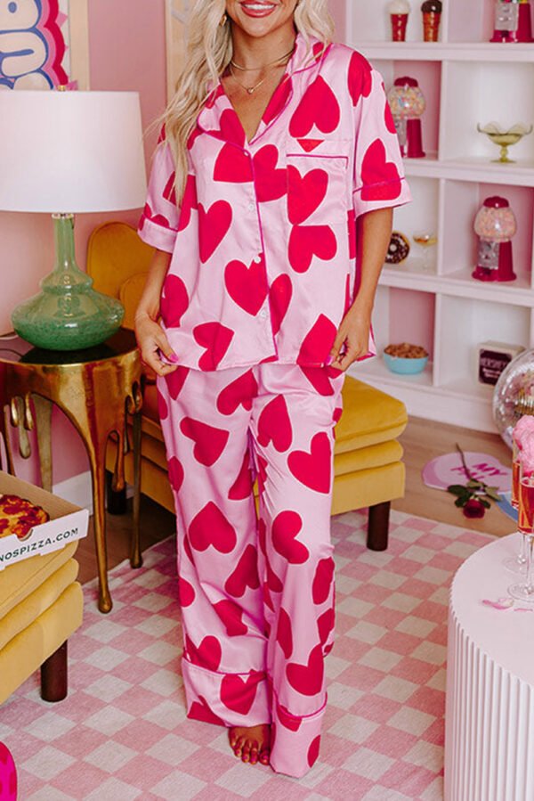 Pink Classic Heart Valentines Short Sleeve Pants Pajamas Set