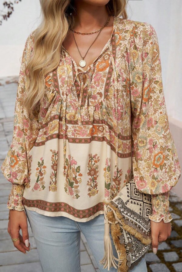 Yellow Floral Print Tie Neck Lantern Sleeve Blouse