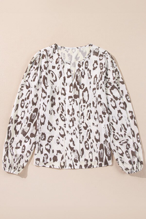 Khaki Leopard Print Split Neck Balloon Sleeve Blouse