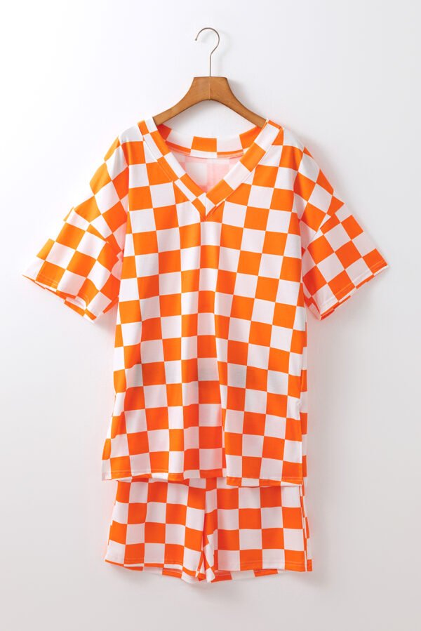 Orange Checkerboard Print V Neck Loose Tee and Shorts Lounge Set