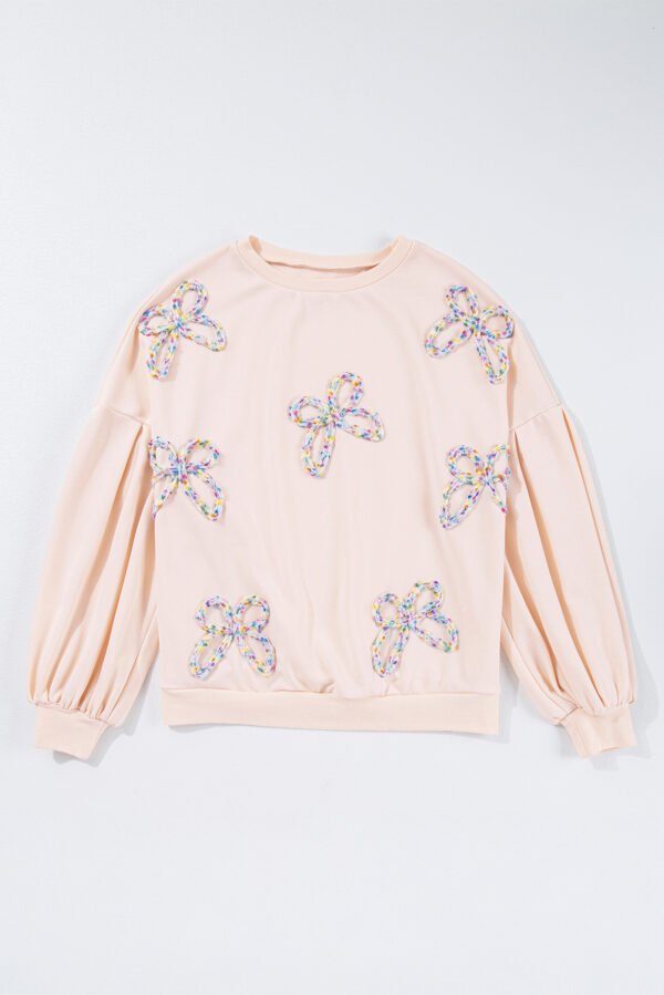 Parchment Embroidered Bow Lantern Sleeve Oversized Pullover Sweatshirt