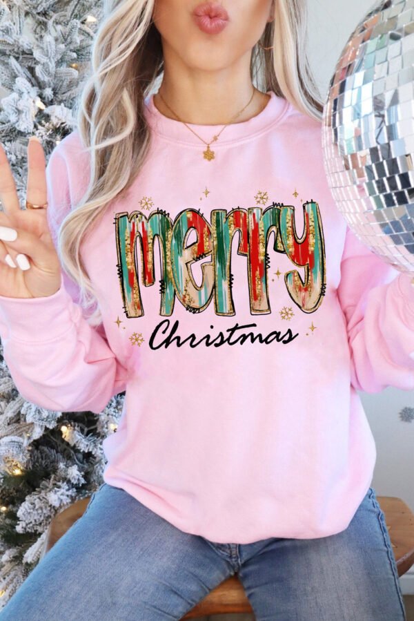 Pink Brushwork Merry Christmas Print Drop Shoulder Sweatshirt