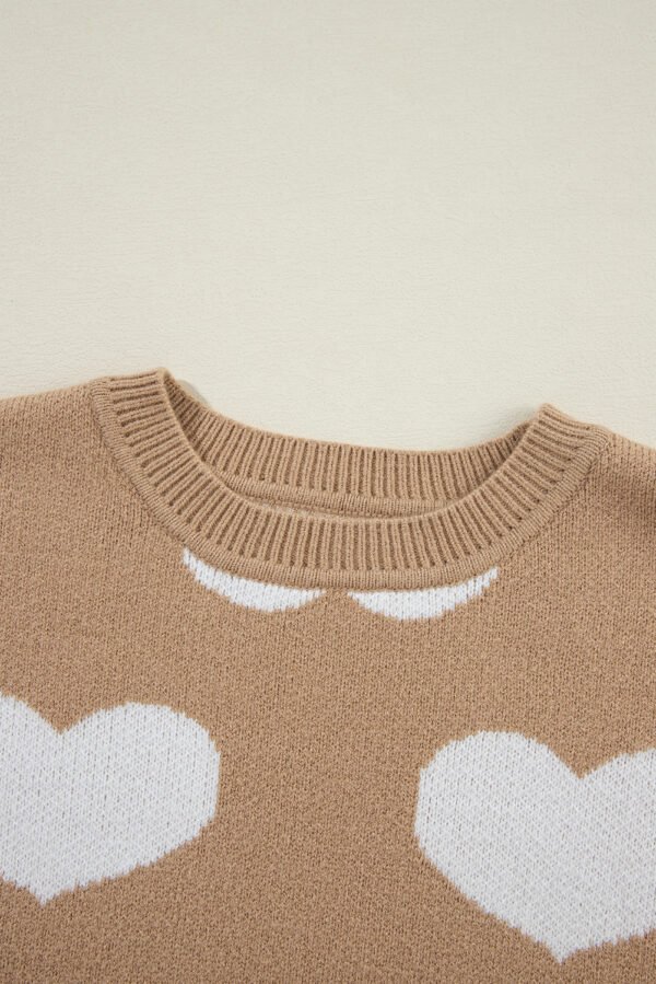 Khaki Contrast Heart Pattern Round Neck Sweater