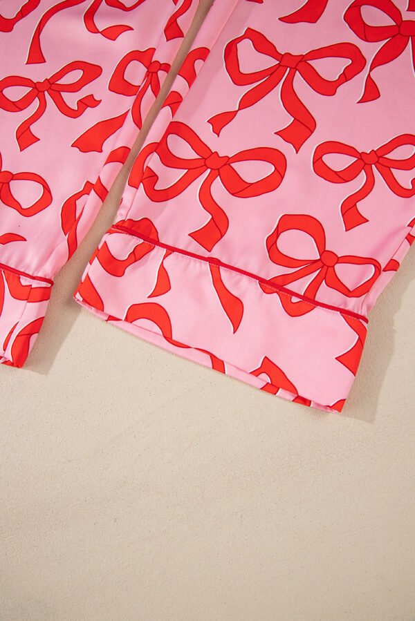 Pink 2pcs Bow Print Shirt Style Long Sleeve Pajama Set