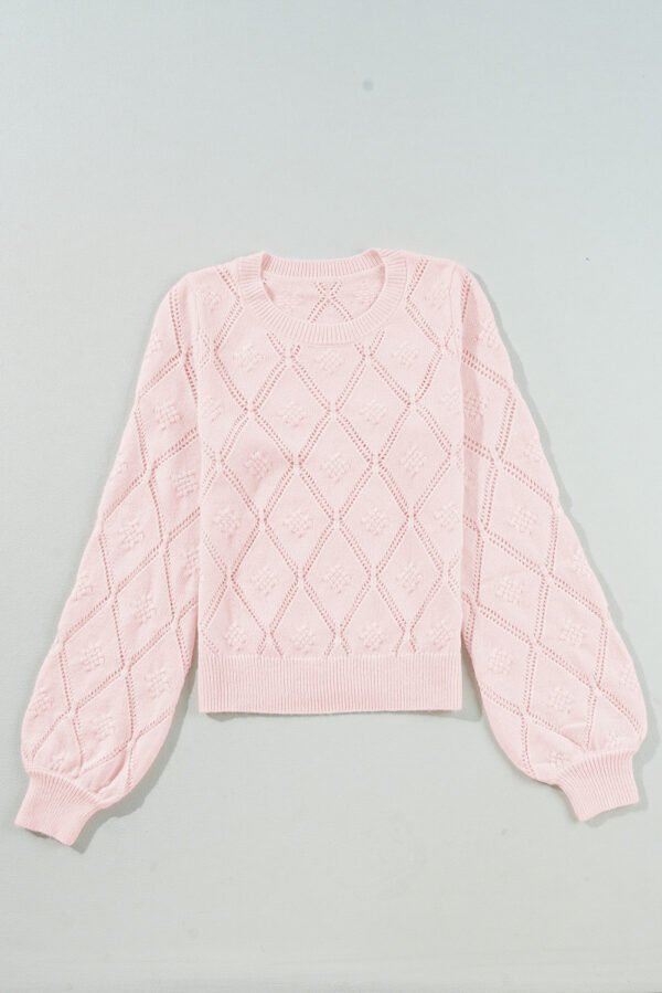 Gossamer Pink Openwork Plaid Puff Sleeve Cropped Sweater