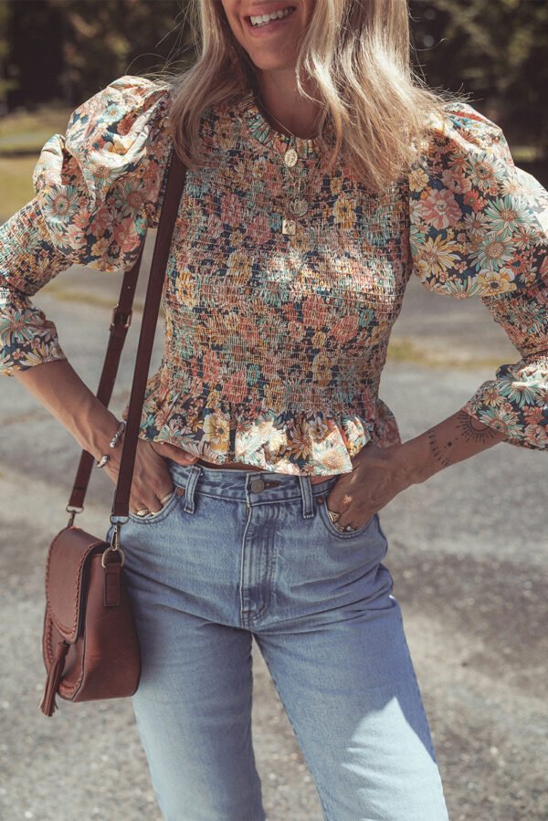 Yellow Floral Print Smocked Bubble Sleeve Ruffled Crop Top