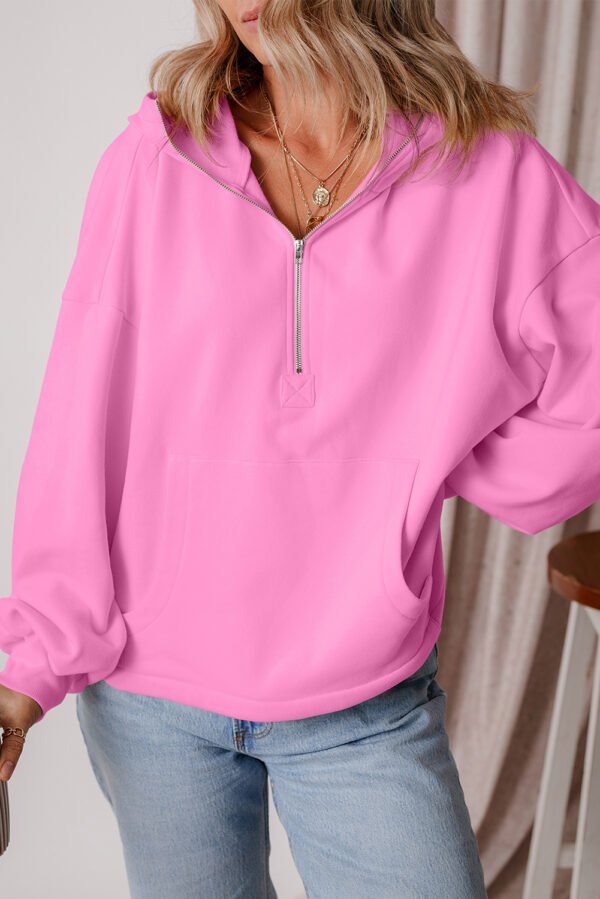 Bonbon Fleece Lined Half Zipper Kangaroo Pockets Loose Hoodie