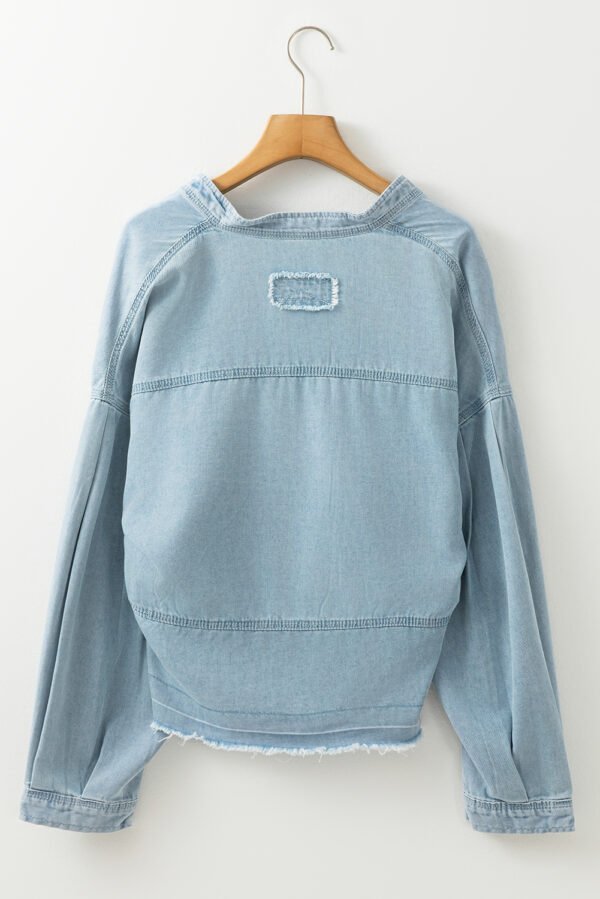 Beau Blue Light Wash Exposed Stitching Raw Hem V Neck Denim Top