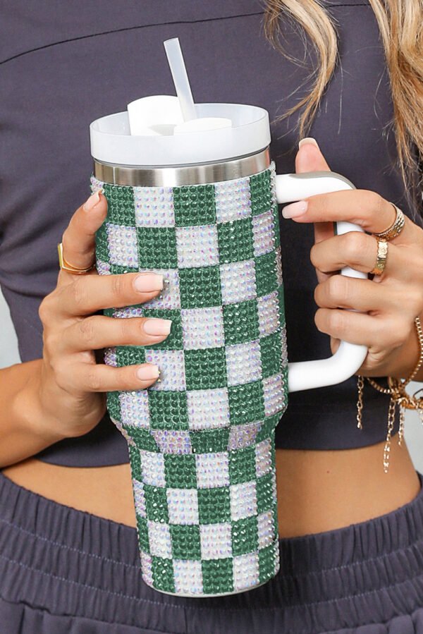 Blackish Green Full Rhinestone Checkerboard Handled Tumbler 40oz