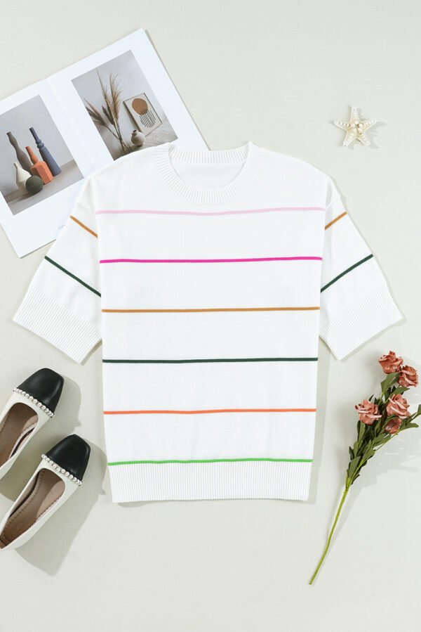 White Colorblock Striped Half Sleeve Drop Shoulder Sweater