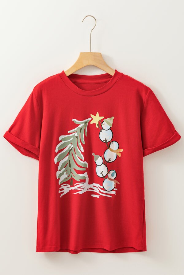 Red Christmas Tree Snowman Printed Crewneck T Shirt