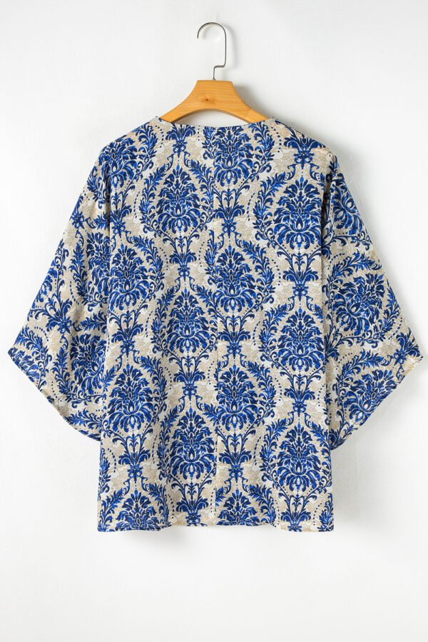 Blue Plus Size Ethnic Printed 3/4 Sleeve V Neck Loose Blouse