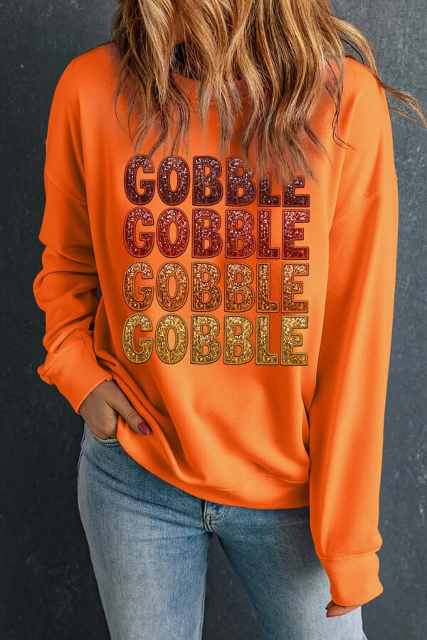 Orange Thanksgiving GOBBLE Print Round Neck Pullover Sweatshirt