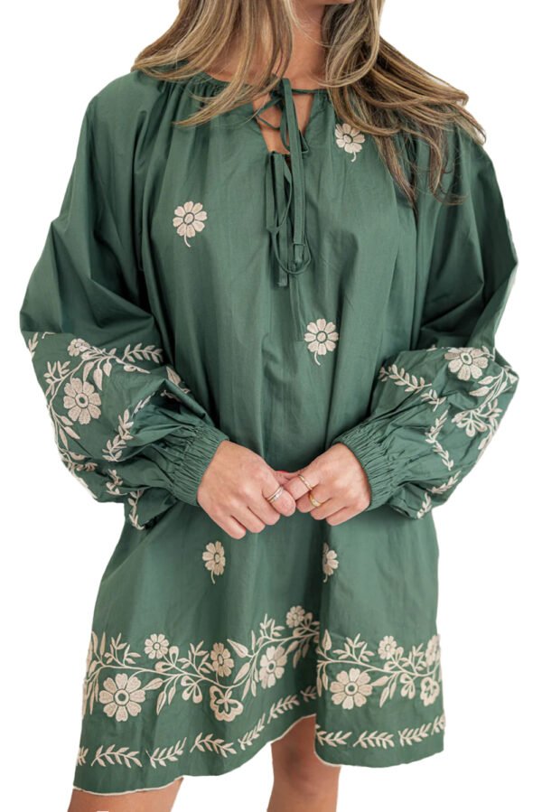 Mist Green Tie Neck Boho Floral Pattern Puff Sleeve Shift Dress