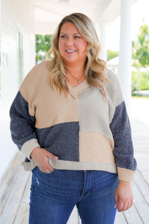 Ashleigh Blue Plus Size Textured Colorblock Patchwork V Neck Top