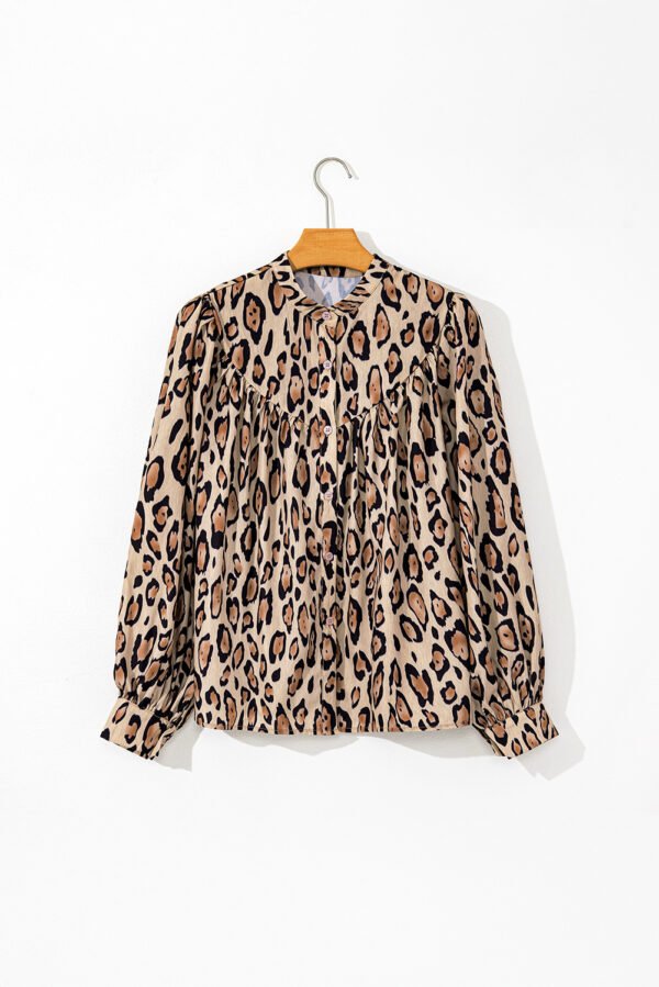 Light French Beige Oversized Leopard Print Balloon Sleeve Casual Shirt