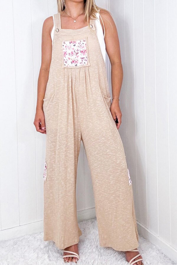 Jet Stream Floral Patchwork Ribbed Side Pockets Wide Leg Jumpsuit