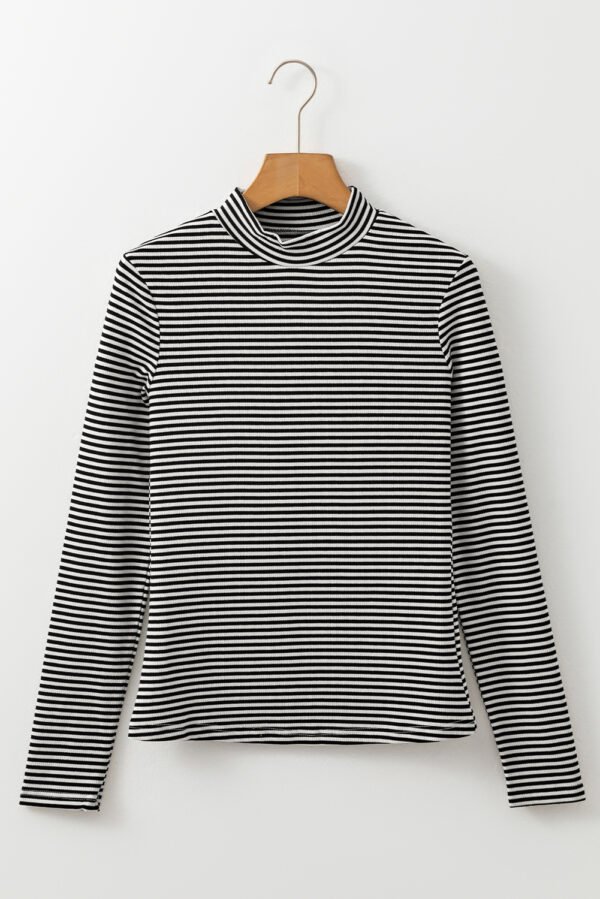 Black Stripe Knit Mock Neck Long Sleeve Slim Top