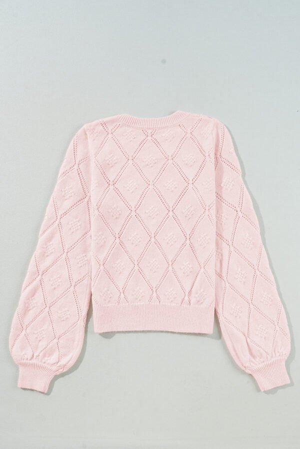 Gossamer Pink Openwork Plaid Puff Sleeve Cropped Sweater