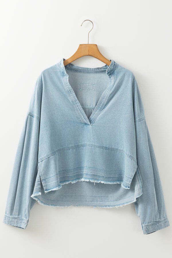 Beau Blue Light Wash Exposed Stitching Raw Hem V Neck Denim Top